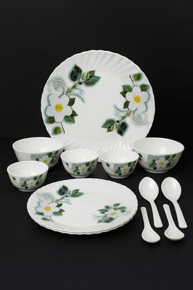 Comfy Homes Round Melamine 41 Pcs Dinner Set | 6 Dinner Plates, 6 Small Plates, 1 Serving Tray, 3 Big Serving Bowls with Lid, 12 Small Bowls, 6 Spoons, 4 Serving Spoons (White Blossom)