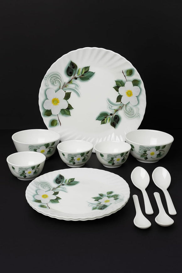 Comfy Homes Round Melamine 41 Pcs Dinner Set | 6 Dinner Plates, 6 Small Plates, 1 Serving Tray, 3 Big Serving Bowls with Lid, 12 Small Bowls, 6 Spoons, 4 Serving Spoons (White Blossom)