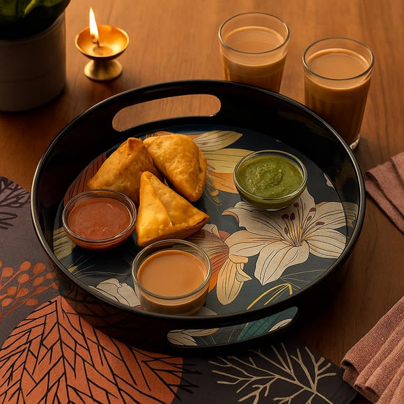 Comfy Homes Round Melamine Tray | Durable, Stackable Serving Tray | Premium Printed Serveware for Kitchen, Dining Table, Coffee Table, Office Desk, Parties, Snacks, Breakfast & More (Flower)