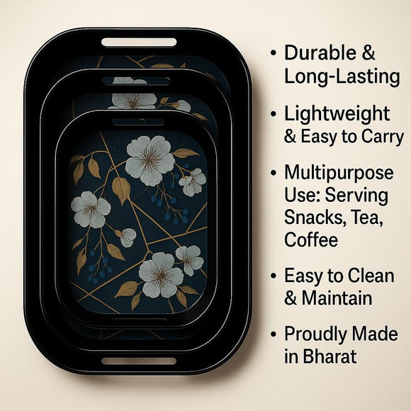 Comfy Homes Durable Multi-Use Premium Printed Rectangular Melamine Serve Ware Set with 3 Trays (Small, Medium & Large) (Blue Tulips)