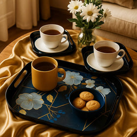 Comfy Homes Durable Multi-Use Premium Printed Rectangular Melamine Serve Ware Set with 3 Trays (Small, Medium & Large) (Blue Tulips) - 0