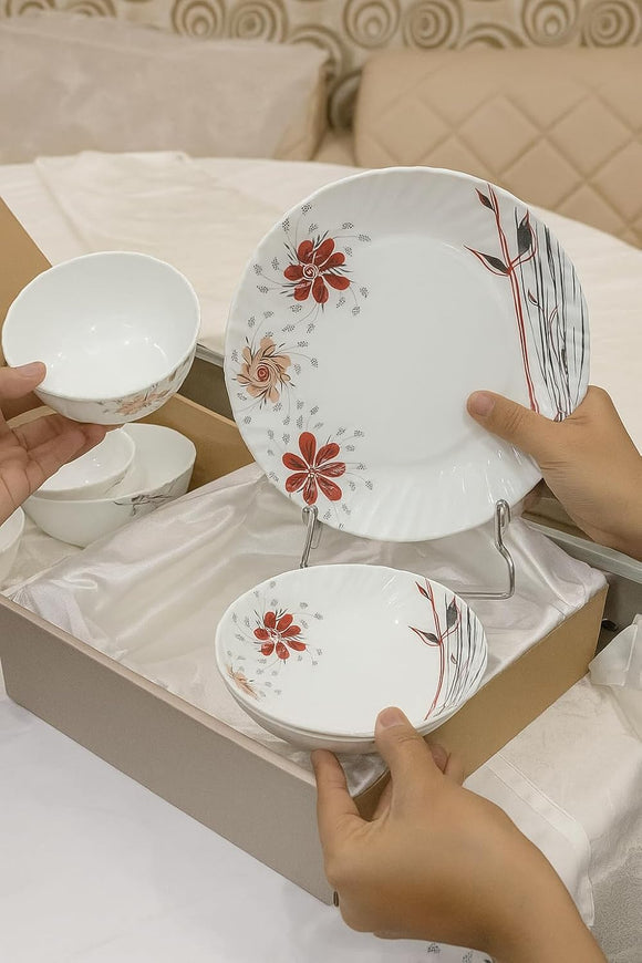 Comfy Homes Round Melamine 41 Pcs Floral Dinner Set | 6 Dinner Plates, 6 Small Plates, 1 Serving Tray, 3 Big Serving Bowls with Lid, 12 Small Bowls, 6 Spoons, 4 Serving Spoons (Blackkish Red Flora)