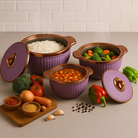 Comfy Homes Set of 3 Casseroles, 1000 2000 3000 ML | Inner Stainless Steel Outer Plastic Material | BPA Free, Food Grade Hot Pot | Easy to Carry Insulated Roti, Chapati & Kitchen Storage Set (Purple) - 0