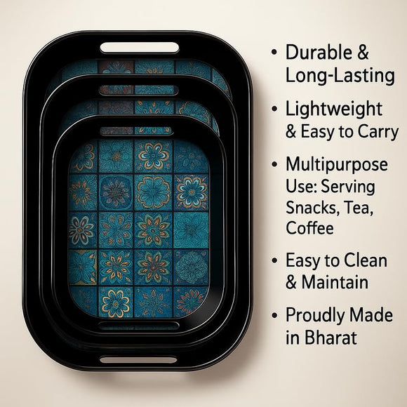 Comfy Homes Durable Multi-Use Premium Printed Rectangular Melamine Serve Ware Set with 3 Trays (Small, Medium & Large) (Aqua Blue)