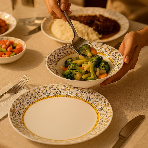 Comfy Homes Round Melamine 41 Pcs Dinner Set | 6 Dinner Plates, 6 Small Plates, 1 Serving Tray, 3 Big Serving Bowls with Lid, 12 Small Bowls, 6 Spoons, 4 Serving Spoons (Amara Luxe)