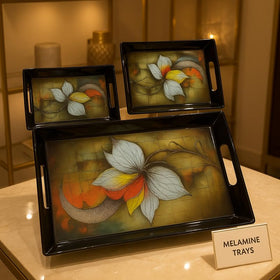 Comfy Homes Durable Multi-Use Premium Printed Rectangular Melamine Serve Ware Set with 3 Trays (Small, Medium & Large) (Royal Bloom) - 0