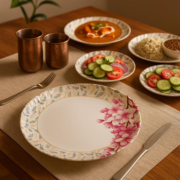 Comfy Homes 41 Pcs Melamine Dinner Set | Round Design with Dinner Plates, Small Plates, Serving Tray, Bowls with Lids, Spoons & Serving Spoons | Unbreakable & Lightweight Dinnerware (Heritage Gold)