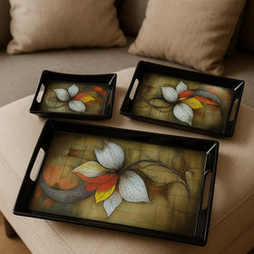 Comfy Homes Durable Multi-Use Premium Printed Rectangular Melamine Serve Ware Set with 3 Trays (Small, Medium & Large) (Royal Bloom)