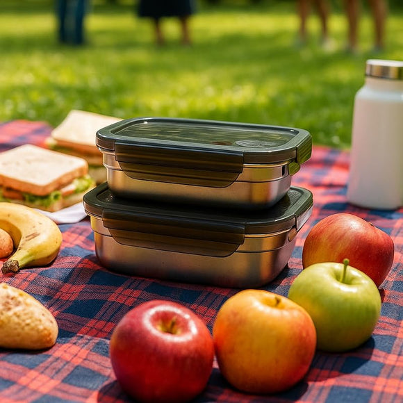 Comfy Homes Stainless Steel Container Set of 2 | Lunch & Storage Box for School, Office | Easy to carry and Durable | 300ml + 600ml