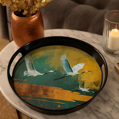 Comfy Homes Round Melamine Tray | Durable, Stackable Serving Tray | Premium Printed Serveware for Kitchen, Dining Table, Coffee Table, Office Desk, Parties, Snacks, Breakfast & More (Bird)