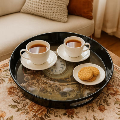 Comfy Homes Round Melamine Tray | Durable, Stackable Serving Tray | Premium Printed Serveware for Kitchen, Dining Table, Coffee Table, Office Desk, Parties, Snacks, Breakfast & More (Clock) - 0