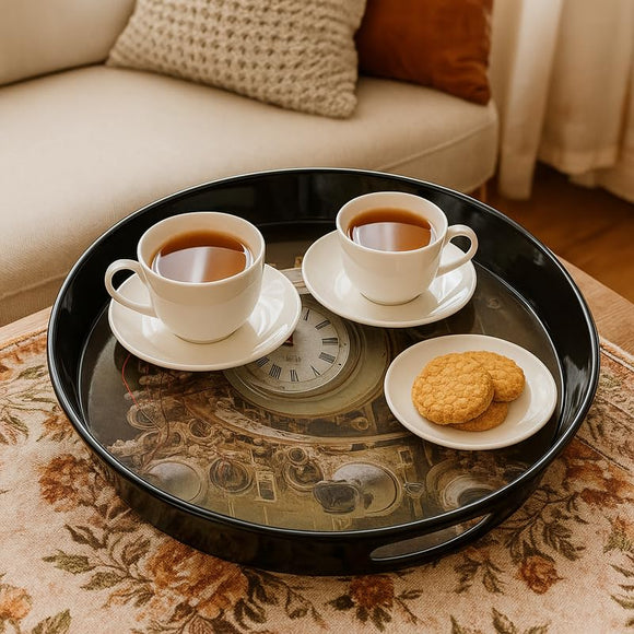 Comfy Homes Round Melamine Tray | Durable, Stackable Serving Tray | Premium Printed Serveware for Kitchen, Dining Table, Coffee Table, Office Desk, Parties, Snacks, Breakfast & More (Clock)