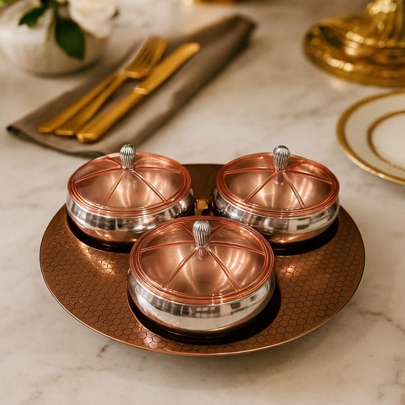 Comfy Homes 3 in 1 Dry Fruit Container | Mirror Finish Dry Food Storage Box I Gifting Use & Multi-Purpose Food Grade Stainless Steel Box I Serving Platter with 3 Sections (Rose Gold)