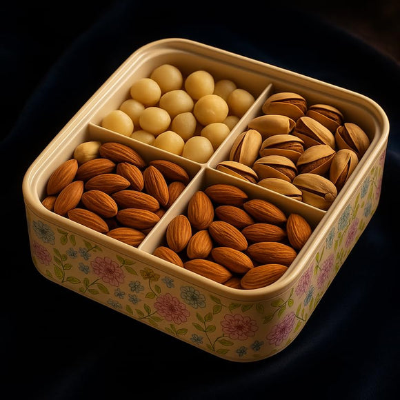 Comfy Homes Multipurpose Container | 4-Section Dry Fruit & Snack Storage Box | Elegant Design Square Shape Dry Food Organizer | Serving Platter & Gift Box for Home & Festive Use (Regenta Flora)