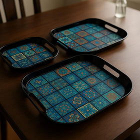 Comfy Homes Durable Multi-Use Premium Printed Rectangular Melamine Serve Ware Set with 3 Trays (Small, Medium & Large) (Aqua Blue) - 0