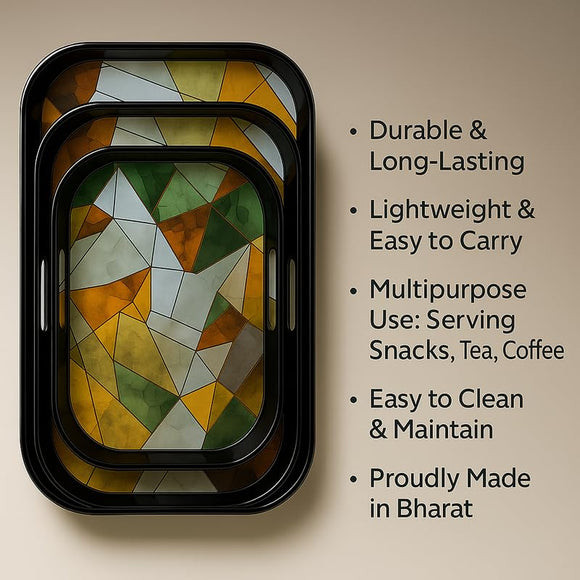 Comfy Homes Durable Multi-Use Premium Printed Rectangular Melamine Serve Ware Set with 3 Trays (Small, Medium & Large) (Geometric White)