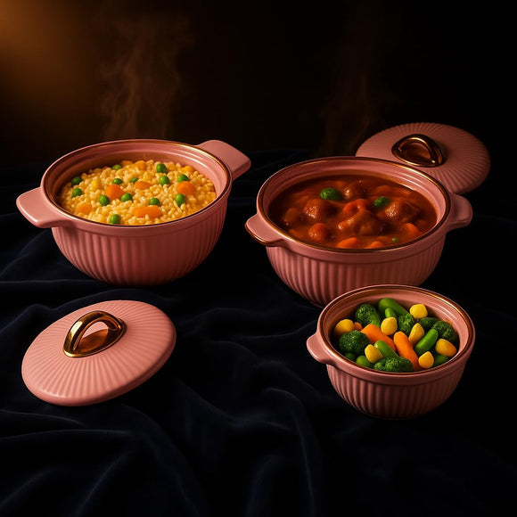 Comfy Homes Set of 3 Casseroles, 1000 2000 3000 ML | Inner Stainless Steel & Outer Plastic Material | BPA Free, Food Grade Hot Pot | Easy to Carry Insulated Roti, Chapati & Kitchen Storage Set (Pink)