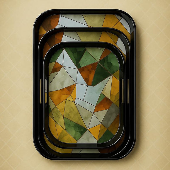 Comfy Homes Durable Multi-Use Premium Printed Rectangular Melamine Serve Ware Set with 3 Trays (Small, Medium & Large) (Geometric White)