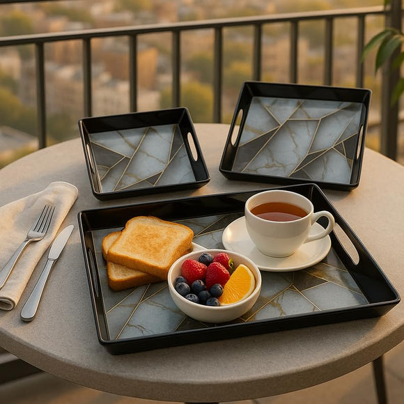 Comfy Homes Durable Multi-Use Premium Printed Rectangular Melamine Serve Ware Set with 3 Trays (Small, Medium & Large) (White Pyramids)