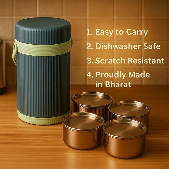 Comfy Homes Hot Pot Tiffin with 4 Stainless Steel Containers | Daily Meal Lunch Box for Office, College, School & Outdoors | Food Grade, Leak-Proof & Easy to Carry (Teal Blue)