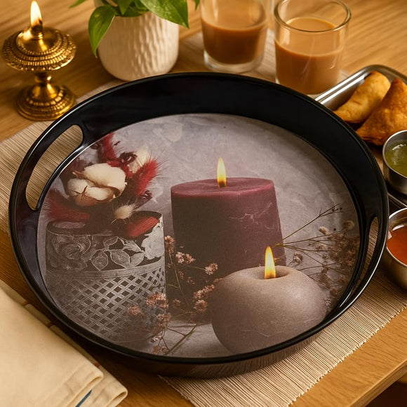 Comfy Homes Round Melamine Tray | Durable, Stackable Serving Tray | Premium Printed Serveware for Kitchen, Dining Table, Coffee Table, Office Desk, Parties, Snacks, Breakfast & More (Candle)