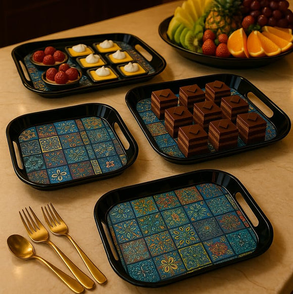 Comfy Homes Durable Multi-Use Premium Printed Rectangular Melamine Serve Ware Set with 3 Trays (Small, Medium & Large) (Aqua Blue)