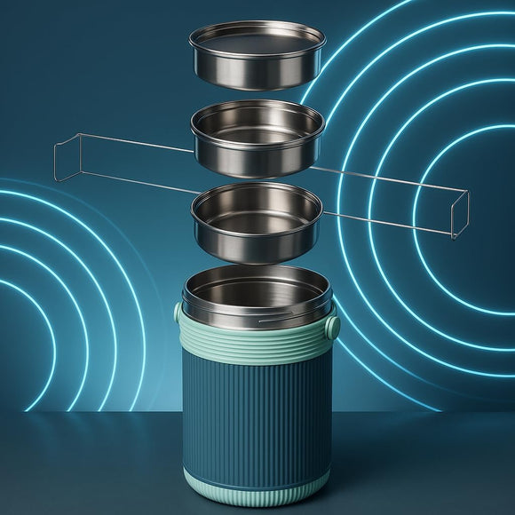 Comfy Homes Hot Pot Tiffin with 4 Stainless Steel Containers | Daily Meal Lunch Box for Office, College, School & Outdoors | Food Grade, Leak-Proof & Easy to Carry (Teal Blue)