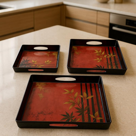 Comfy Homes Durable Multi-Use Premium Printed Rectangular Melamine Serve Ware Set with 3 Trays (Small, Medium & Large) (Mystery Red)