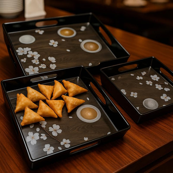 Comfy Homes Durable Multi-Use Premium Printed Rectangular Melamine Serve Ware Set with 3 Trays (Small, Medium & Large) (Coffee Tray)