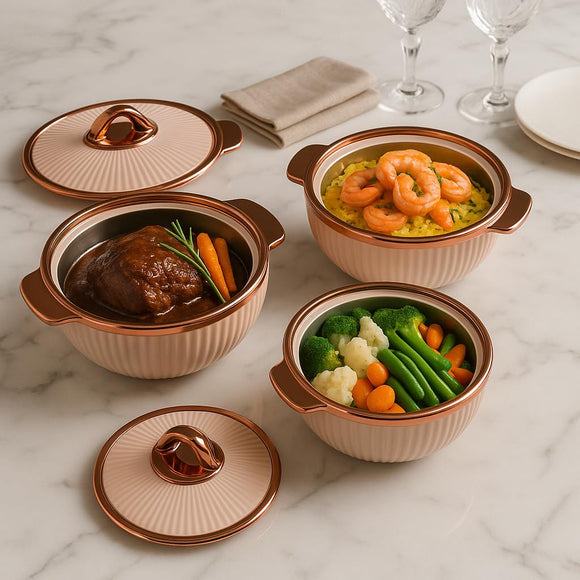 Comfy Homes Set of 3 Casseroles, 1000 2000 3000 ML | Inner Stainless Steel & Outer Plastic Material | BPA Free, Food Grade Hot Pot | Easy to Carry Insulated Roti, Chapati & Kitchen Storage Set(Peach)