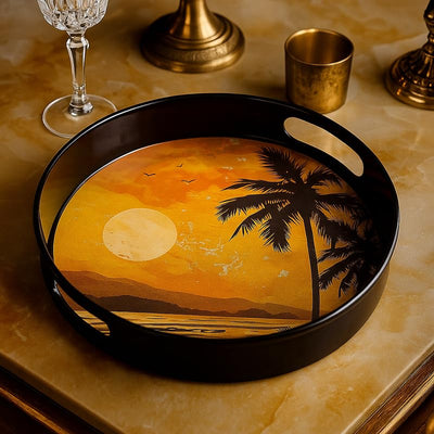 Comfy Homes Round Melamine Tray | Durable, Stackable Serving Tray | Premium Printed Serveware for Kitchen, Dining Table, Coffee Table, Office Desk, Parties, Snacks, Breakfast & More (Sunrise) - 0