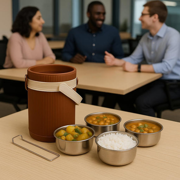 Comfy Homes Hot Pot Tiffin with 4 Stainless Steel Containers | Daily Meal Lunch Box for Office, College, School & Outdoors | Food Grade, Leak-Proof & Easy to Carry (Brown)