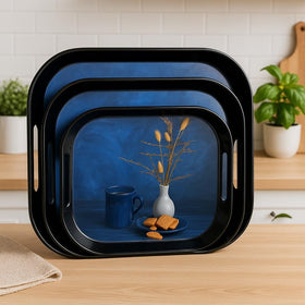 Comfy Homes Durable Multi-Use Premium Printed Rectangular Melamine Serve Ware Set with 3 Trays (Small, Medium & Large) (Quiet Blue)