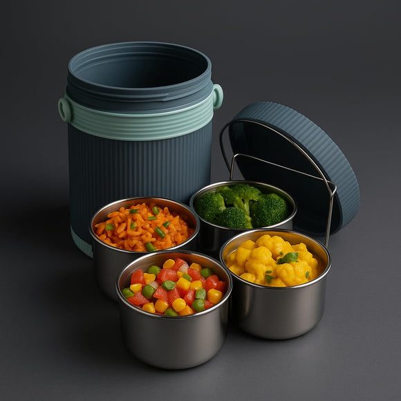Comfy Homes Hot Pot Tiffin with 4 Stainless Steel Containers | Daily Meal Lunch Box for Office, College, School & Outdoors | Food Grade, Leak-Proof & Easy to Carry (Teal Blue)