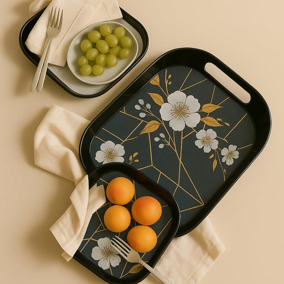 Comfy Homes Durable Multi-Use Premium Printed Rectangular Melamine Serve Ware Set with 3 Trays (Small, Medium & Large) (Blue Tulips)