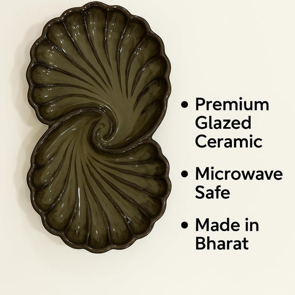 Comfy Homes Ceramic Open Shell Dual Serving Platter | Elegant Stoneware Snack & Dinner Plate | Stylish Brown Modern Design | Ideal for Starters, Snacks, Desserts & Parties (Military Green)