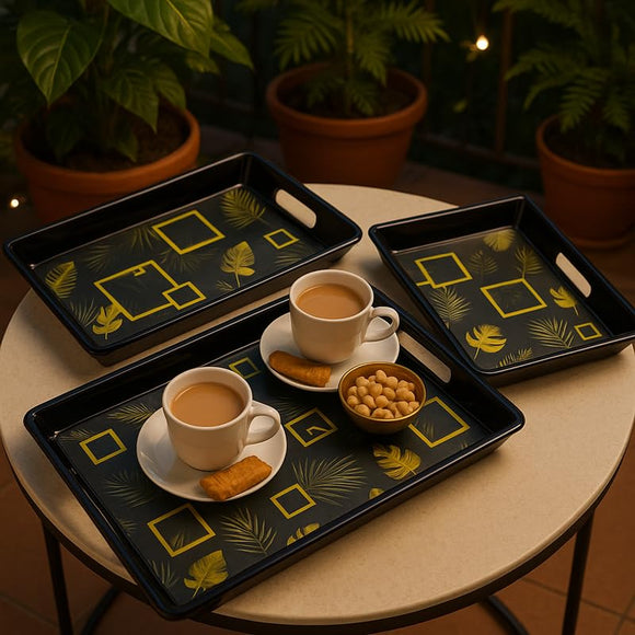 Comfy Homes Durable Multi-Use Premium Printed Rectangular Melamine Serve Ware Set with 3 Trays (Small, Medium & Large) (Sunline Elegance)