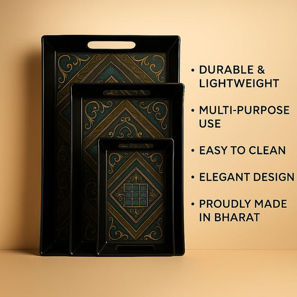 Comfy Homes Durable Multi-Use Premium Printed Rectangular Melamine Serve Ware Set with 3 Trays (Small, Medium & Large) (Royal Monarch)