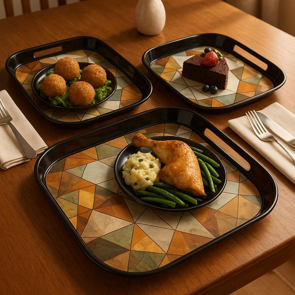 Comfy Homes Durable Multi-Use Premium Printed Rectangular Melamine Serve Ware Set with 3 Trays (Small, Medium & Large) (Geometric White)