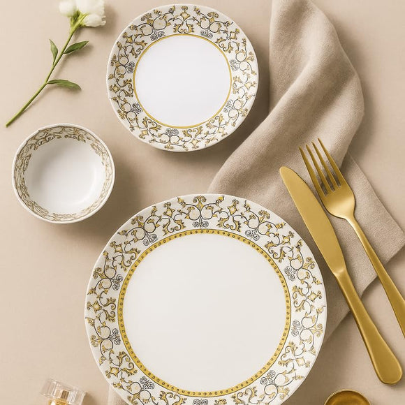 Comfy Homes Round Melamine 41 Pcs Dinner Set | 6 Dinner Plates, 6 Small Plates, 1 Serving Tray, 3 Big Serving Bowls with Lid, 12 Small Bowls, 6 Spoons, 4 Serving Spoons (Amara Luxe)