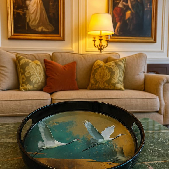 Comfy Homes Round Melamine Tray | Durable, Stackable Serving Tray | Premium Printed Serveware for Kitchen, Dining Table, Coffee Table, Office Desk, Parties, Snacks, Breakfast & More (Bird)