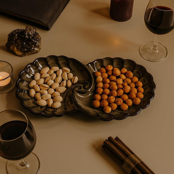 Comfy Homes Ceramic Open Shell Dual Serving Platter | Elegant Stoneware Snack & Dinner Plate | Stylish Brown Modern Design | Ideal for Starters, Snacks, Desserts & Parties (Military Green)