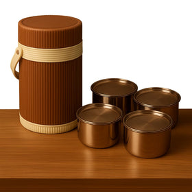 Comfy Homes Hot Pot Tiffin with 4 Stainless Steel Containers | Daily Meal Lunch Box for Office, College, School & Outdoors | Food Grade, Leak-Proof & Easy to Carry (Brown)