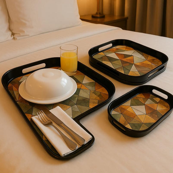 Comfy Homes Durable Multi-Use Premium Printed Rectangular Melamine Serve Ware Set with 3 Trays (Small, Medium & Large) (Geometric White)