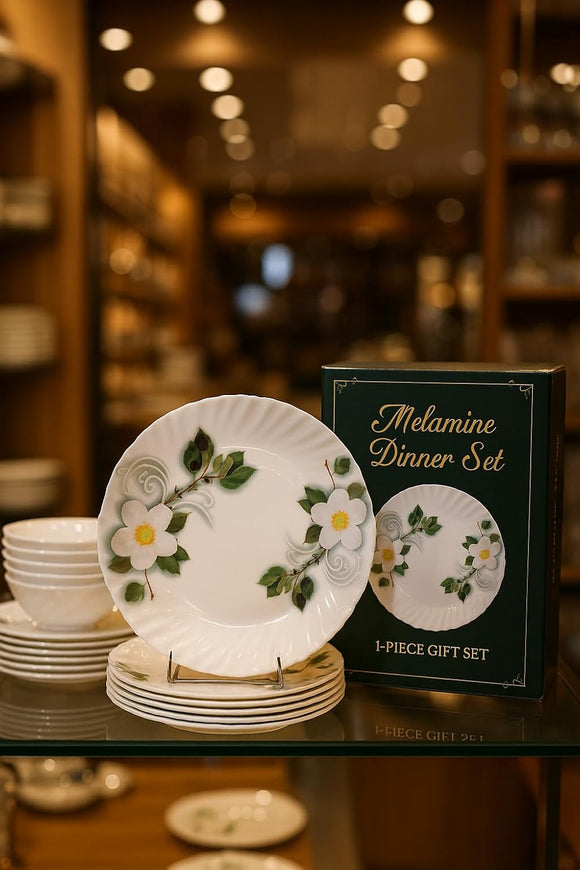 Comfy Homes Round Melamine 41 Pcs Dinner Set | 6 Dinner Plates, 6 Small Plates, 1 Serving Tray, 3 Big Serving Bowls with Lid, 12 Small Bowls, 6 Spoons, 4 Serving Spoons (White Blossom)