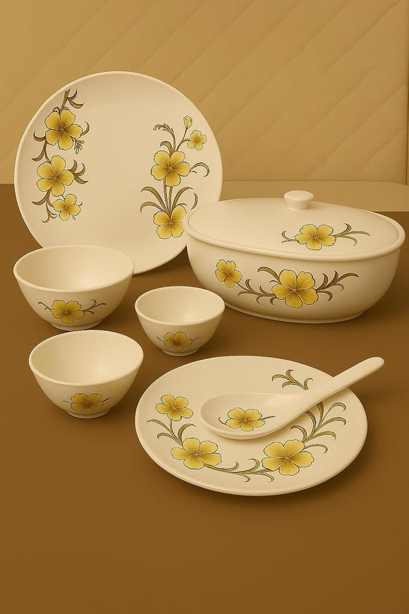 Comfy Homes Round Melamine 41 Pcs Dinner Set | 6 Dinner Plates, 6 Small Plates, 1 Serving Tray, 3 Big Serving Bowls with Lid, 12 Small Bowls, 6 Spoons, 4 Serving Spoons (Yellow Majesty)