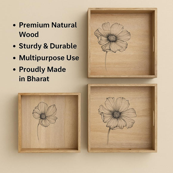 Comfy Homes Wooden Serving Tray | Handcrafted Natural Wood Trays for Snacks, Tea, Coffee, Breakfast & Entertaining | Rustic, Durable & Eco-Friendly Kitchenware (Beige, Set of 3)