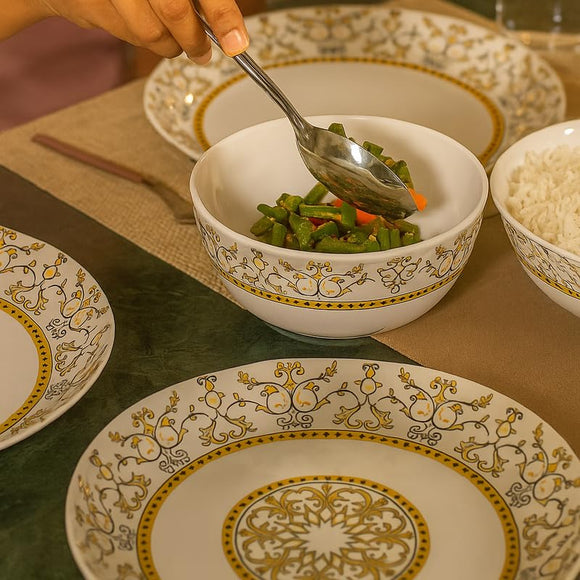 Comfy Homes Round Melamine 41 Pcs Dinner Set | 6 Dinner Plates, 6 Small Plates, 1 Serving Tray, 3 Big Serving Bowls with Lid, 12 Small Bowls, 6 Spoons, 4 Serving Spoons (Amara Luxe)