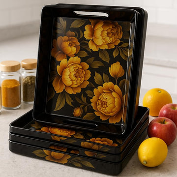 Comfy Homes™ Premium Multi-Purpose Melamine Tray Set (Set of 3)(Small, Medium & Large) (Yellow Lotus) - 0