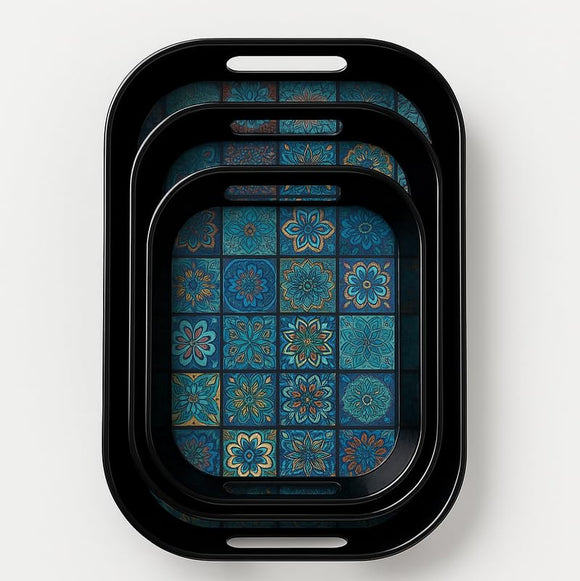 Comfy Homes Durable Multi-Use Premium Printed Rectangular Melamine Serve Ware Set with 3 Trays (Small, Medium & Large) (Aqua Blue)